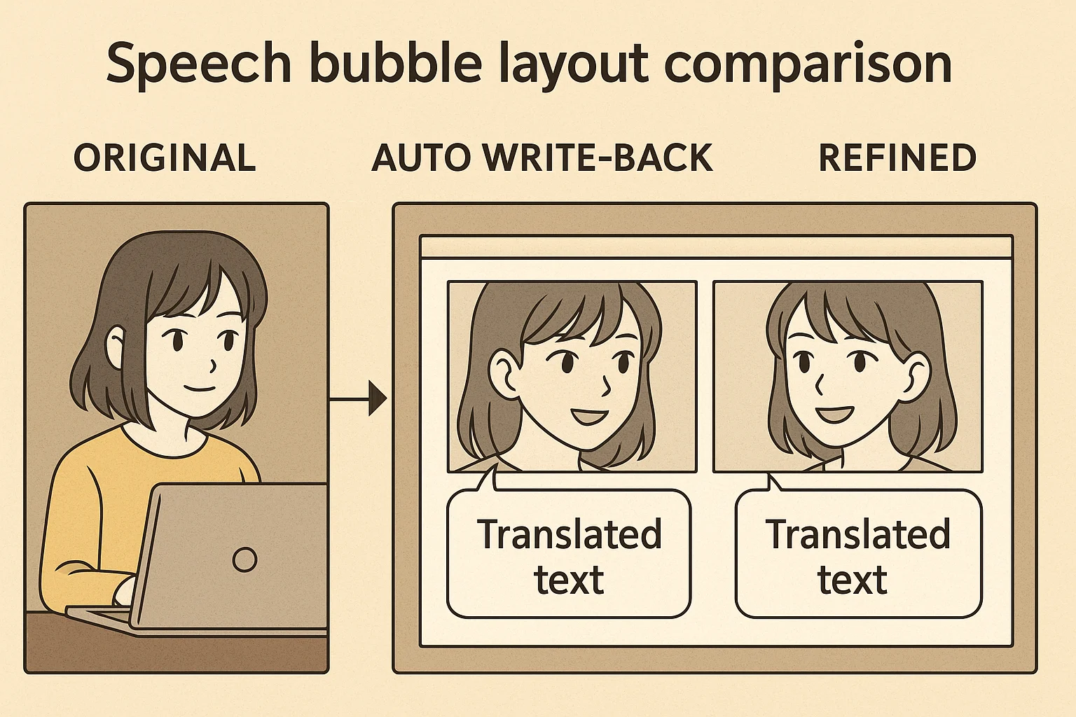 Layout refinement for AI manga translation: original vs auto vs polished Side-by-side comparison: original bubble, auto write-back, refined line breaks