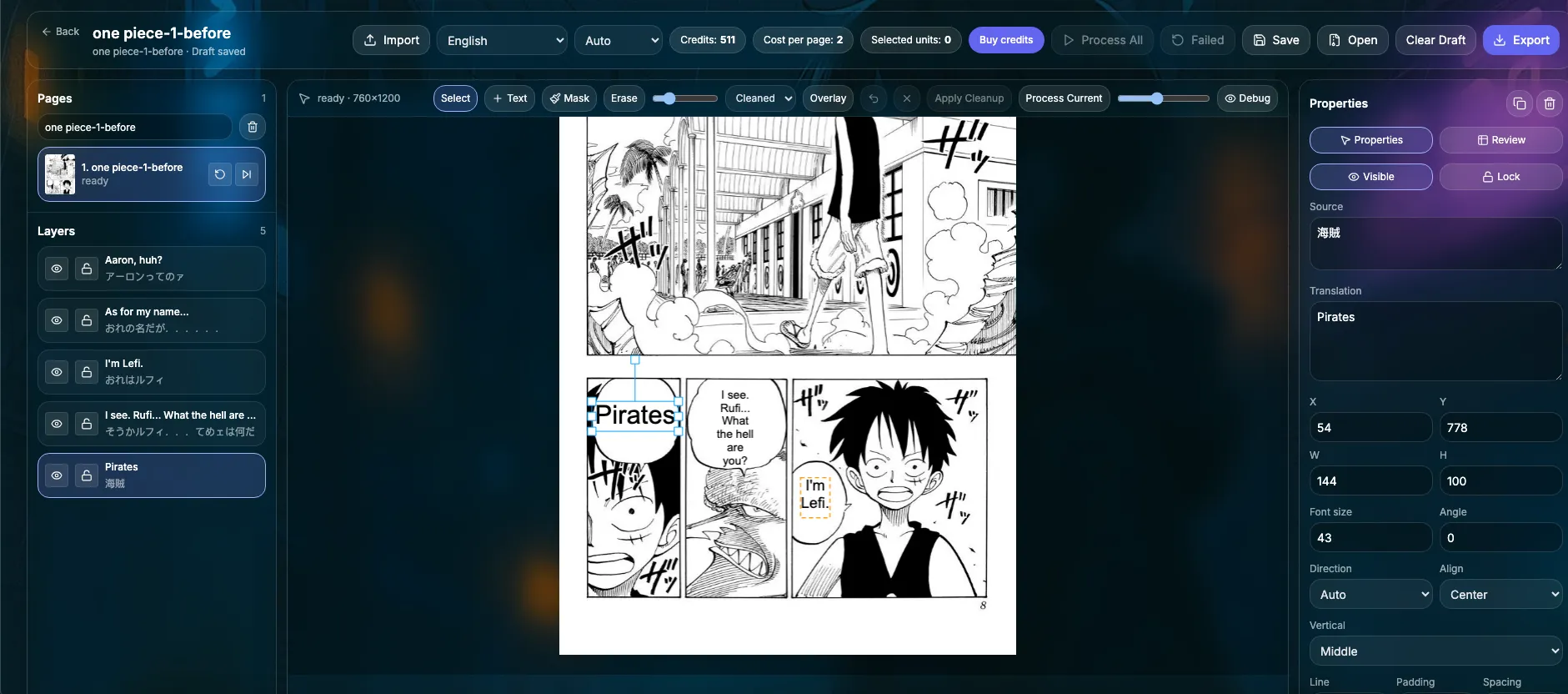 Manga Translator Studio professional editing workspace