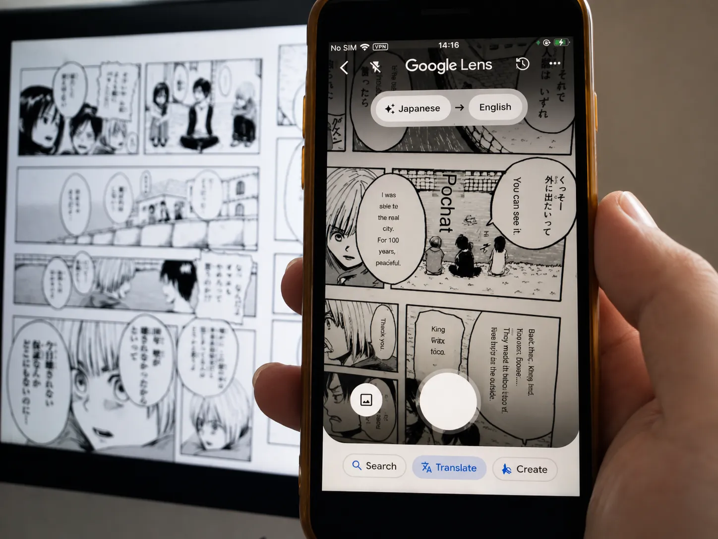 translate manga with google lens result with mixed horizontal and vertical manga translation overlays